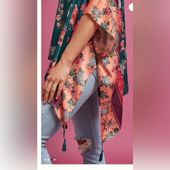 Anthropologie Kachel Jade bordered floral silk satin kimono - Picture 3 of 9